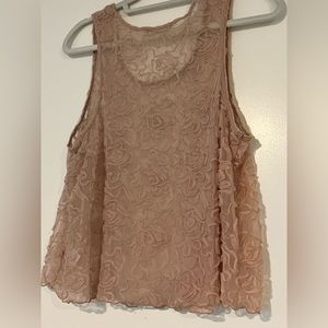Free People Lace Sheer Sleeveless Tank Blouse Rose Blush Pink Floral LARGE